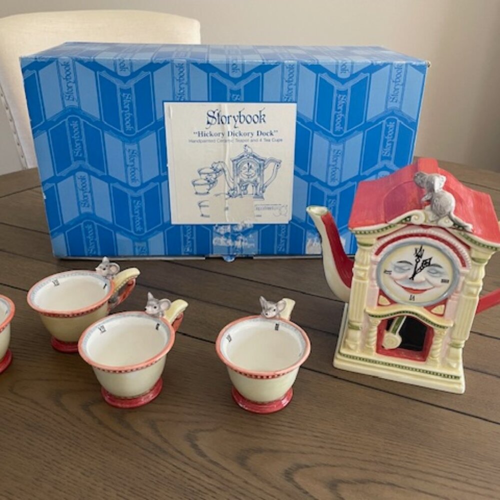Vintage Department 56 Storybook Hickory Dickory Dock Handpainted Ceramic Tea Set